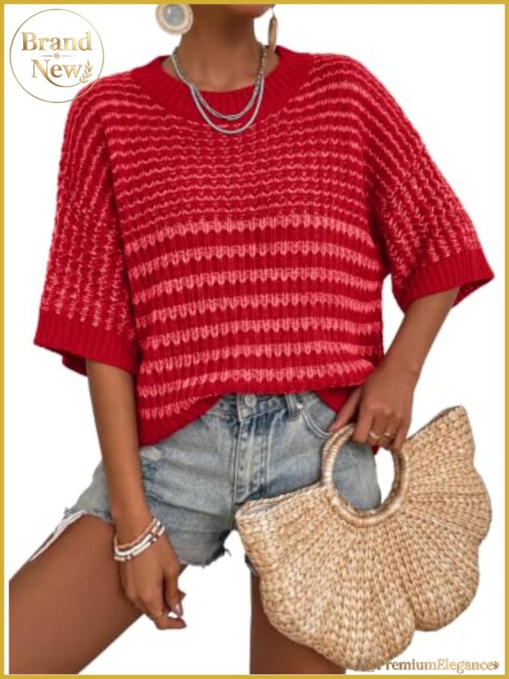 Striped Knit Pullover Sweater 3/4 Sleeve Crewneck Lightweight